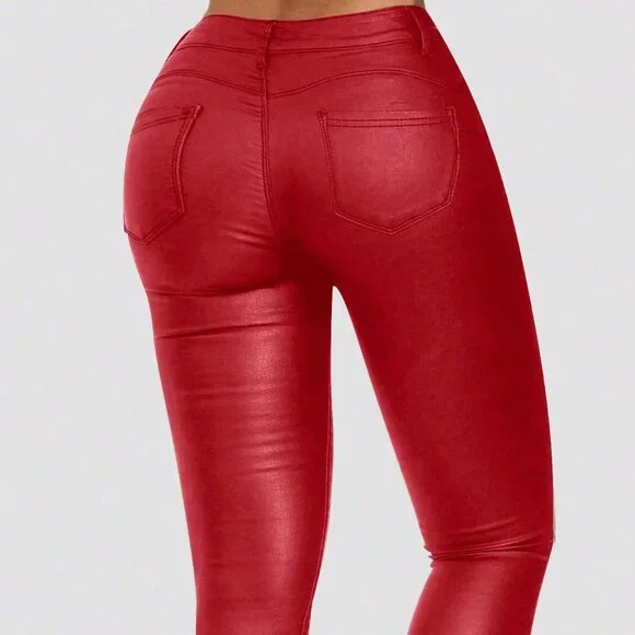Red Casual Women's Plus Size High Waist Faux Leather Pants